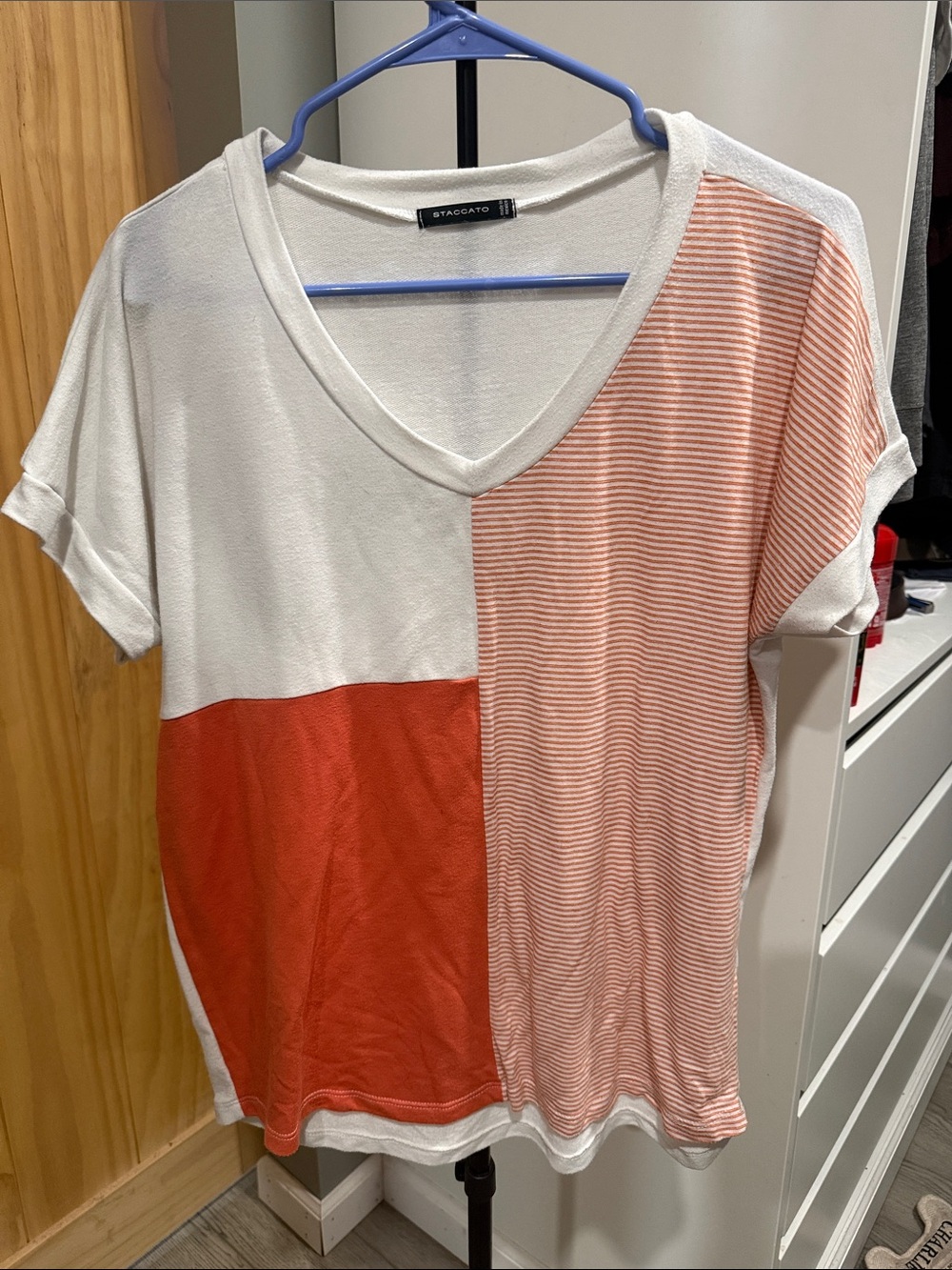 Staccato White and Coral Colorblock V-Neck Tee